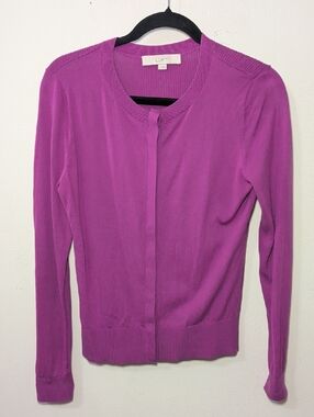 LOFT Purple Crewneck Button-Up Cardigan 100% Cotton Office Preppy Women's Size S